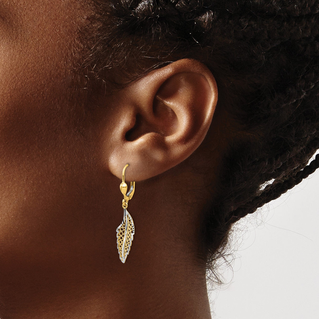 14k Yellow Gold Dangle Earrings with Filigree Leaf Design, Two-Tone Drop, Leverback Closure