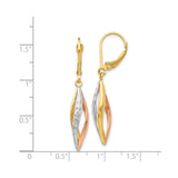 14k Tri Color Gold Leverback Drop Earrings with Twisted Marquise Design, Textured Finish