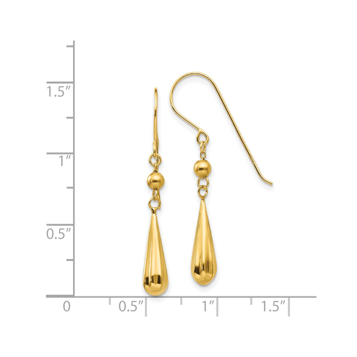 14k Yellow Gold Drop Earrings with Teardrop Dangles and Bead Accents, Minimalist Design for Women