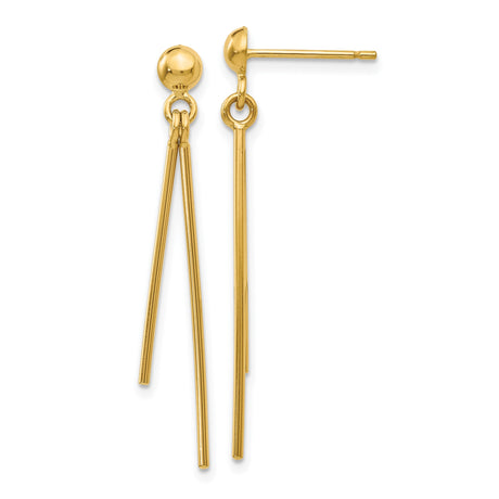 14k Yellow Gold Drop Earrings with Three Slender Dangling Bars, Minimalist Linear Design