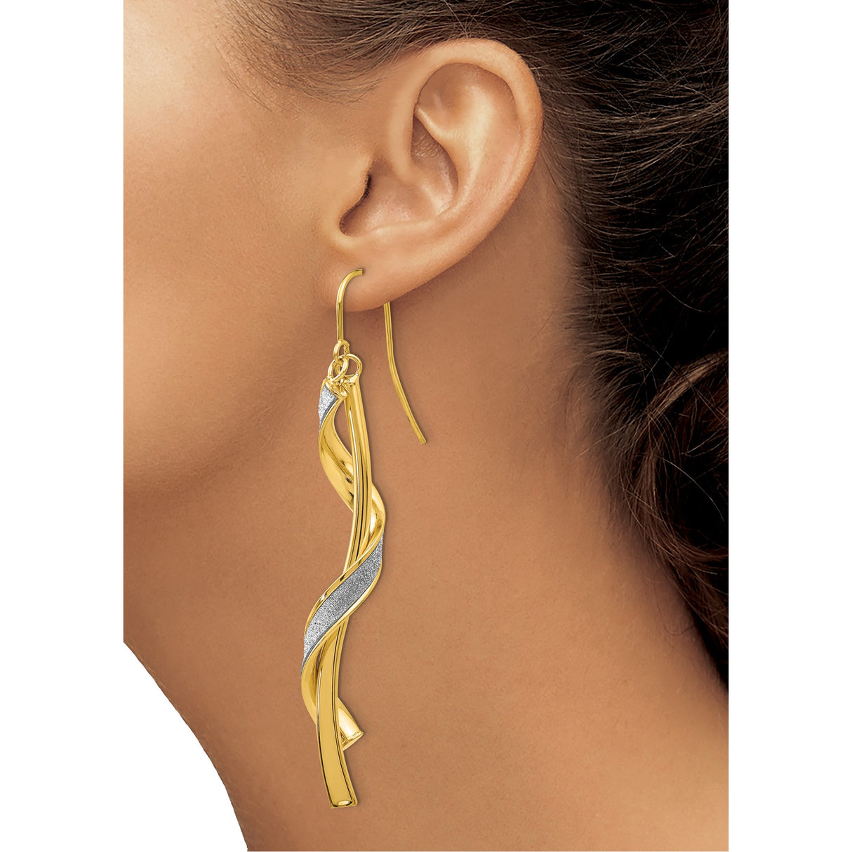 14k Yellow Gold Dangle Earrings with Twisted Spiral Design and White Gold Accents