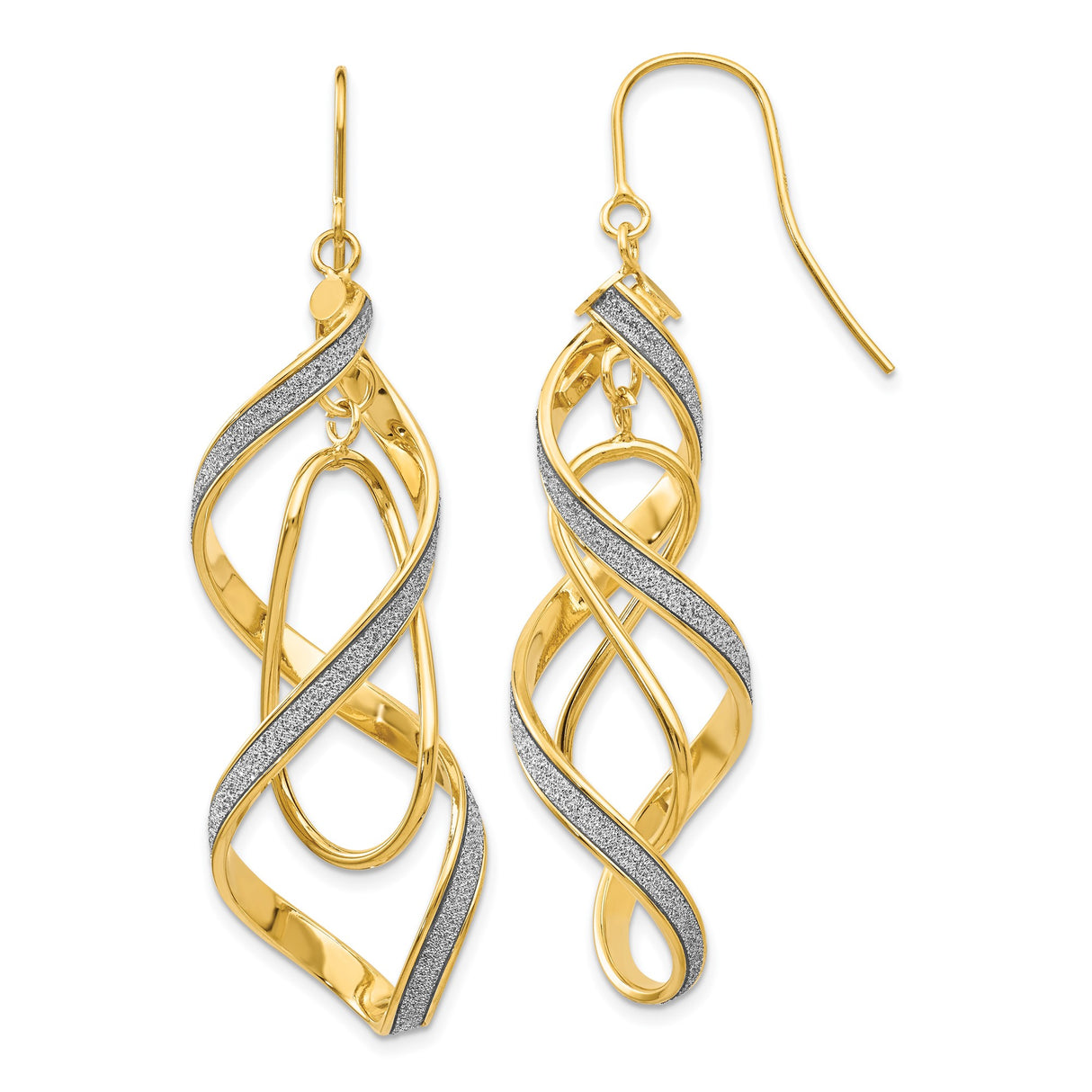 14k Yellow Gold Dangle Earrings with Twisted Ribbon Design and White Gold Accents
