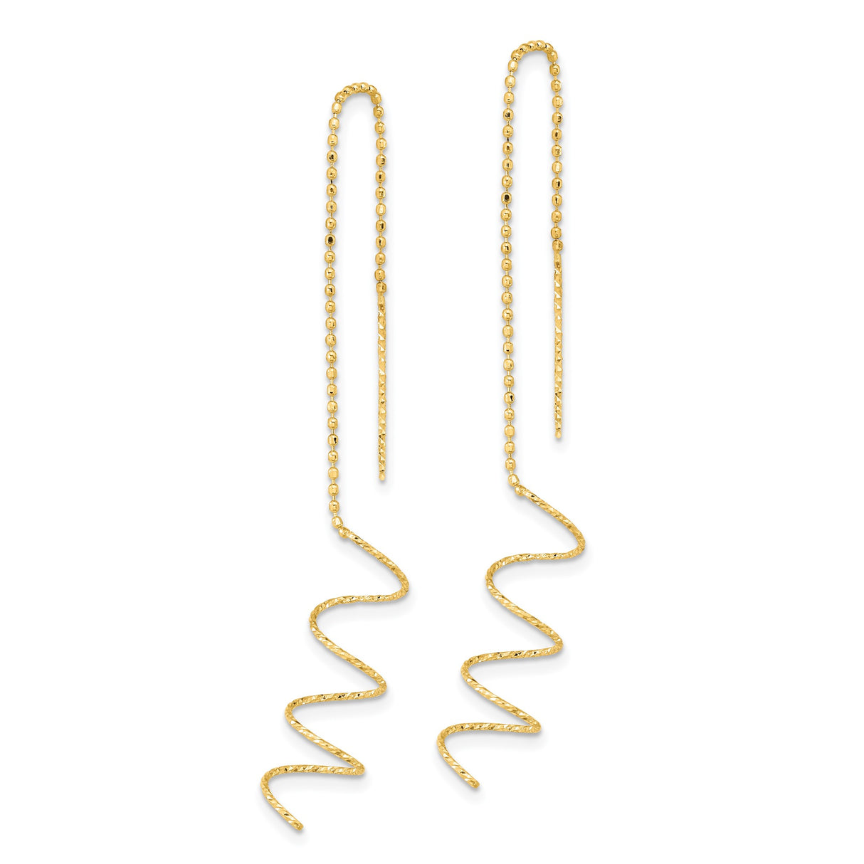 14k Yellow Gold Threader Earrings with Spiral Twisted Drop and Beaded Chain Design