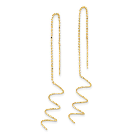 14k Yellow Gold Threader Earrings with Spiral Twisted Drop and Beaded Chain Design