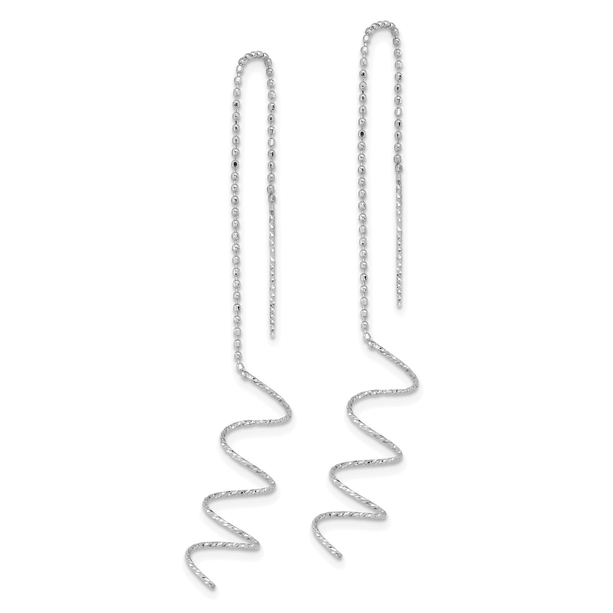 14k White Gold Spiral Threader Earrings, Modern Pull-Through Drop Design for Women