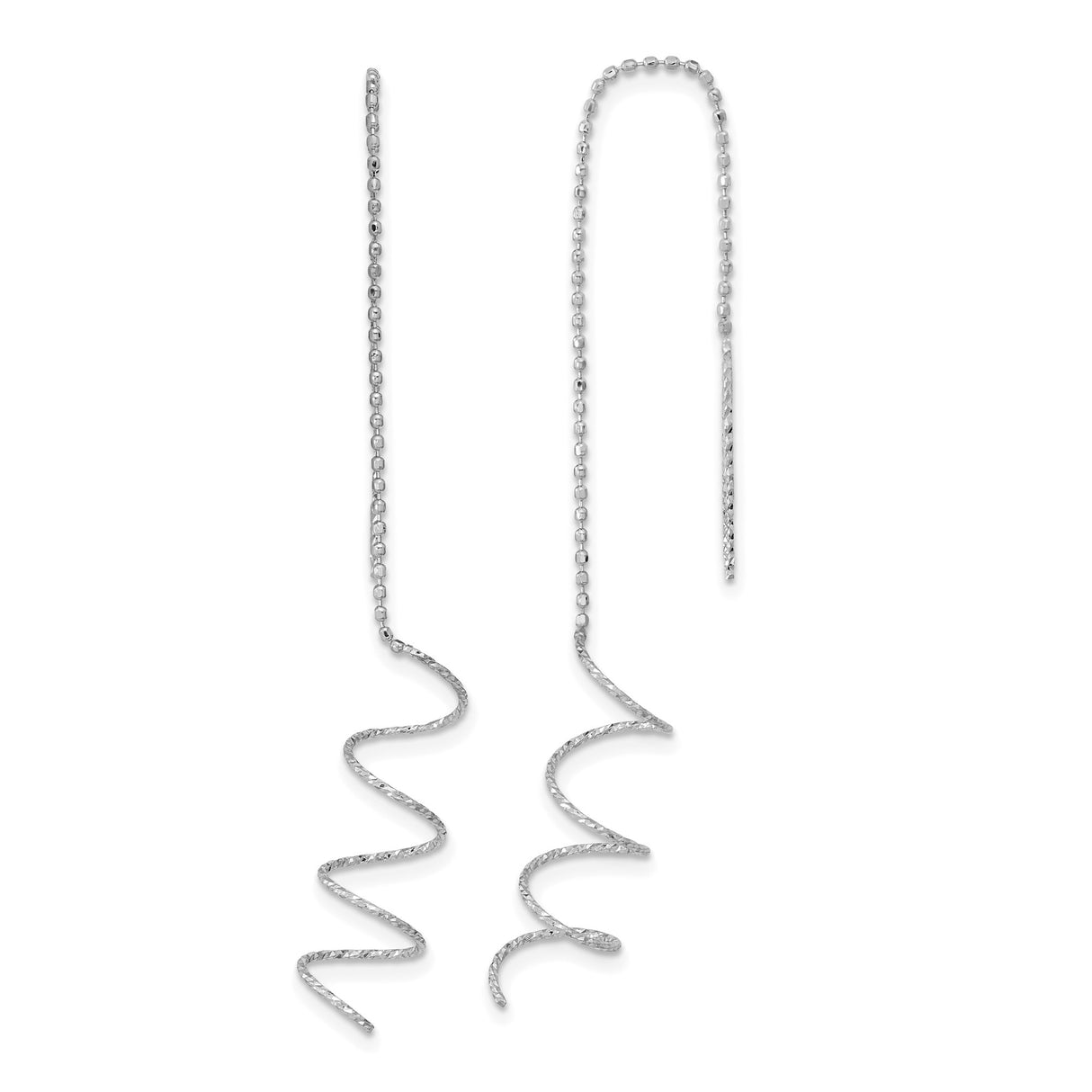 14k White Gold Spiral Threader Earrings, Modern Pull-Through Drop Design for Women
