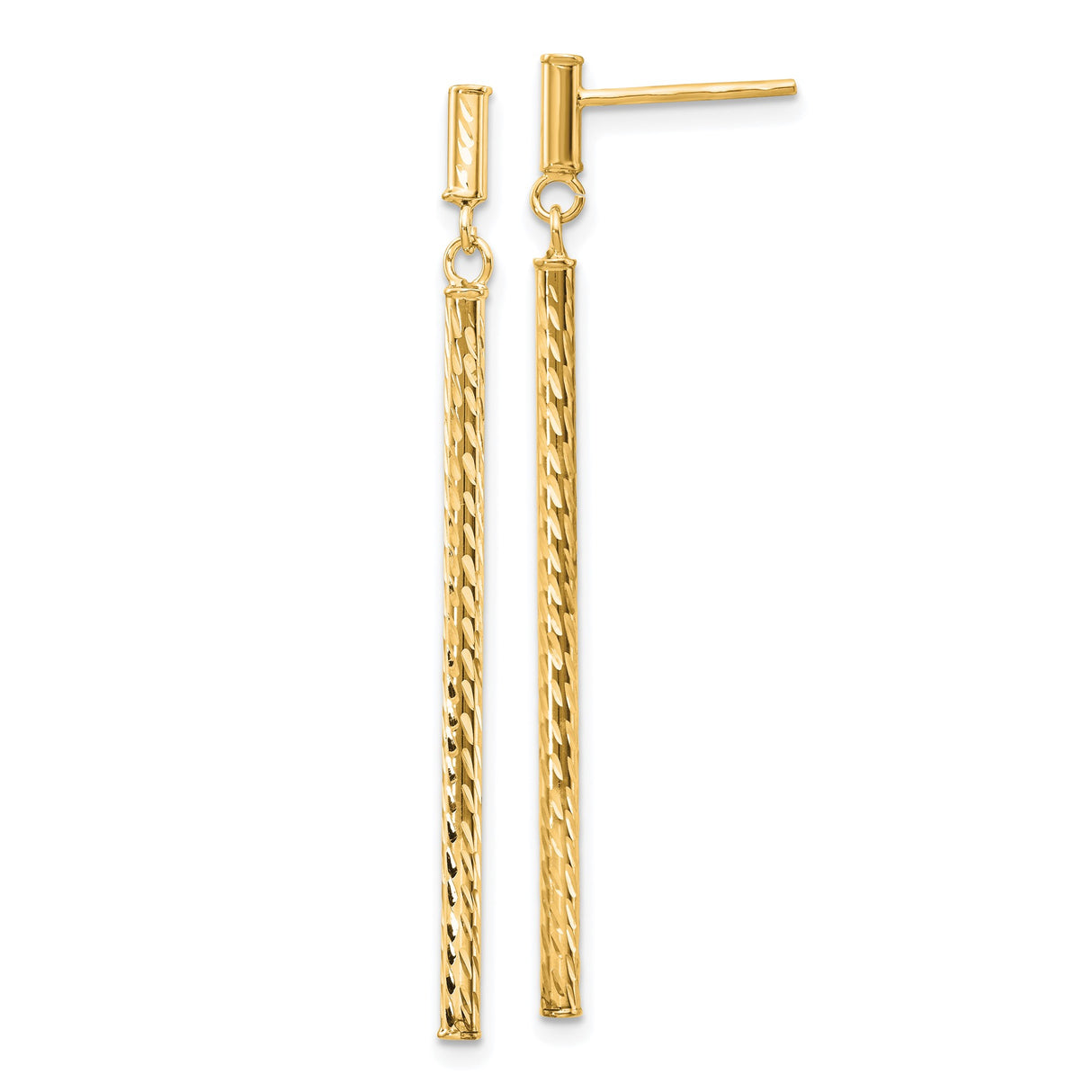 14k Yellow Gold Dangle Drop Earrings, Textured Bar Design, Lightweight Modern Style
