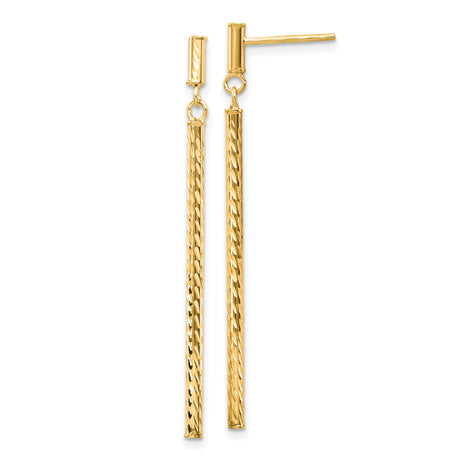14k Yellow Gold Dangle Drop Earrings, Textured Bar Design, Lightweight Modern Style