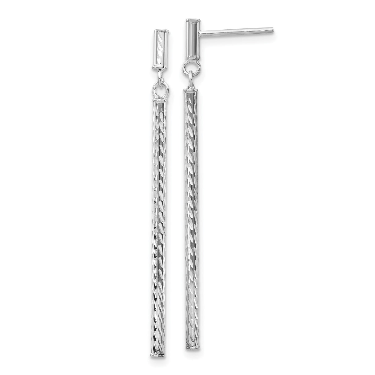 14k White Gold Dangle Drop Earrings with Elongated Textured Bars, Sleek Modern Design