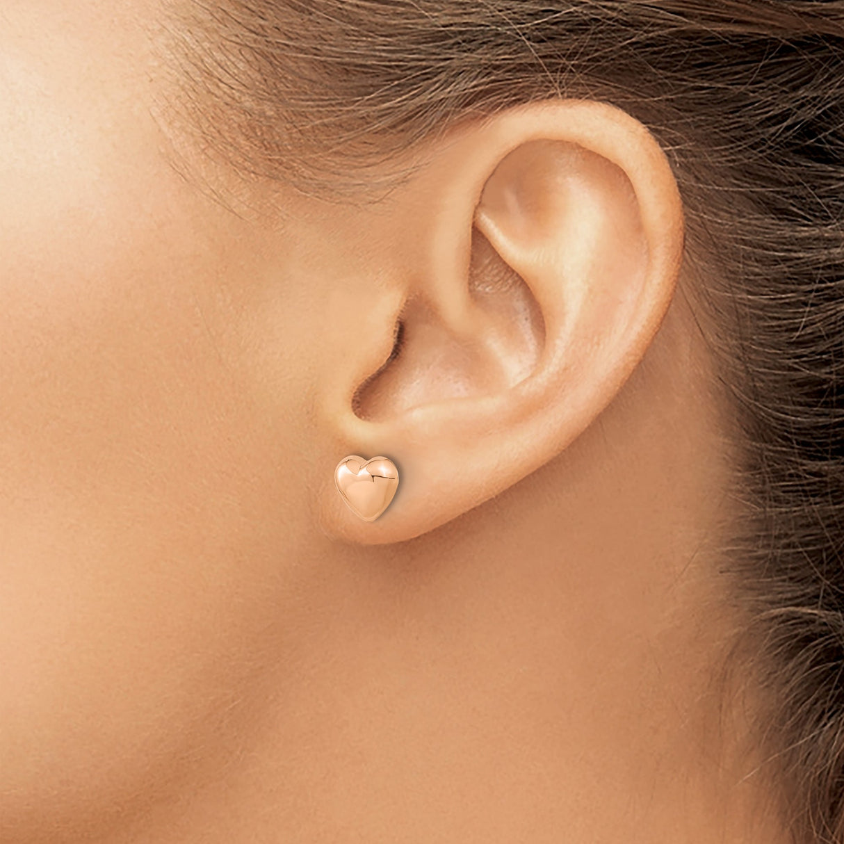 14k Rose Gold Heart Stud Earrings, Polished Puffed Design, Minimalist Romantic Jewelry
