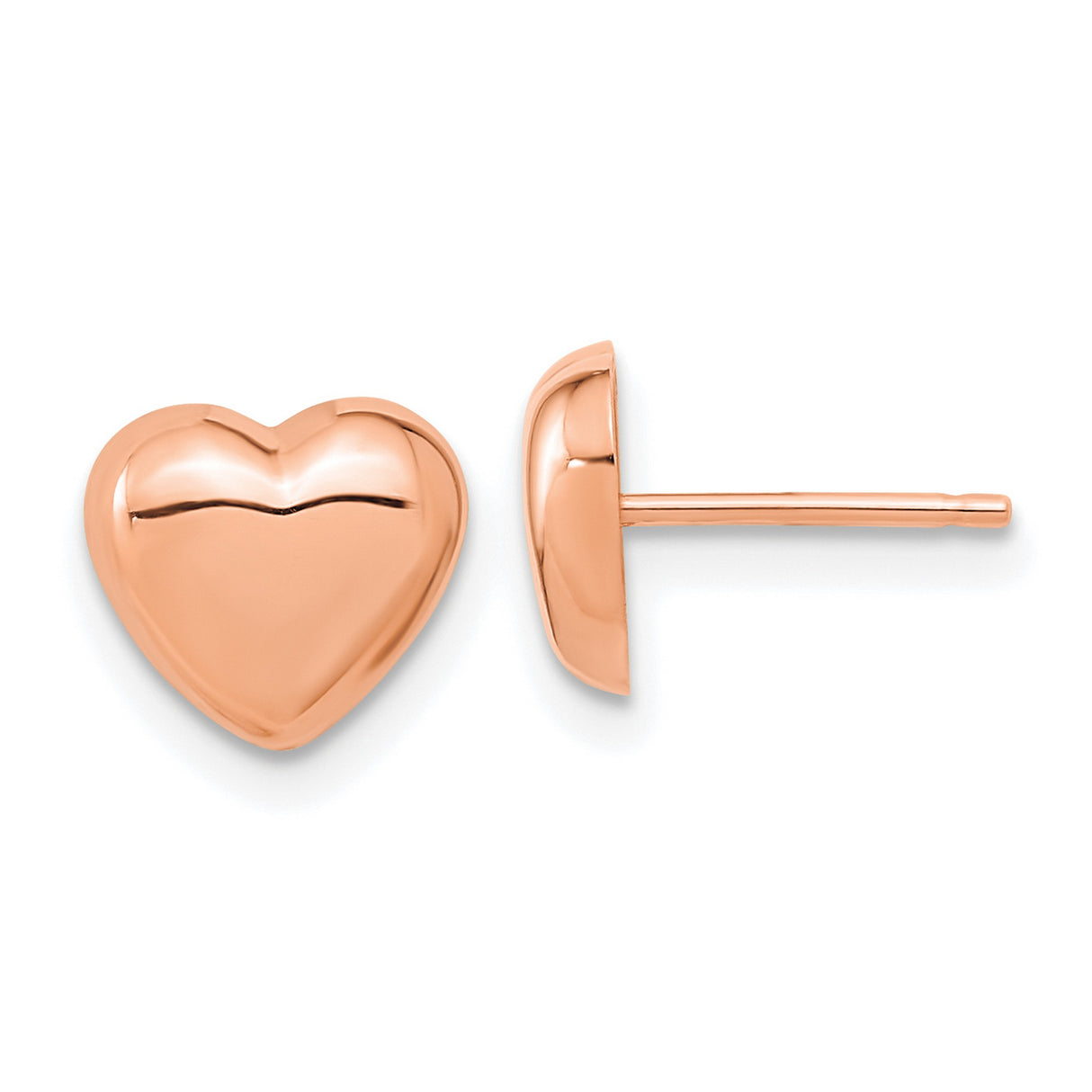 14k Rose Gold Heart Stud Earrings, Polished Puffed Design, Minimalist Romantic Jewelry