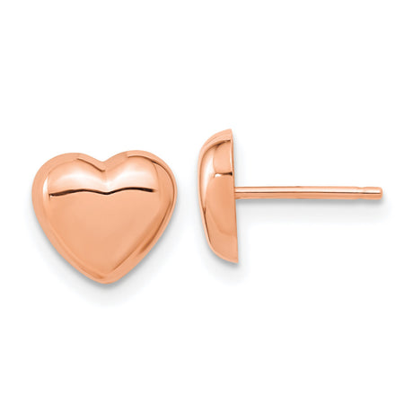 14k Rose Gold Heart Stud Earrings, Polished Puffed Design, Minimalist Romantic Jewelry