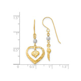 14k Yellow Gold Dangle Earrings with Diamond-Cut Open Heart and Small Heart Charm