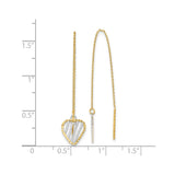 14k Yellow Gold Threader Earrings, Two-Tone Open Heart Design with Rhodium Accents