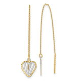 14k Yellow Gold Threader Earrings, Two-Tone Open Heart Design with Rhodium Accents