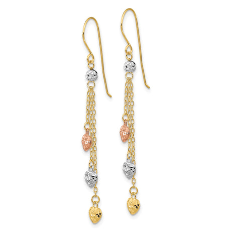 14k Yellow Gold Dangle Earrings with Tri-Color Textured Heart Charms, Cascading Drop Design