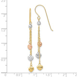 14k Yellow Gold Dangle Earrings with Tri-Color Textured Heart Charms, Cascading Drop Design