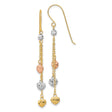 14k Yellow Gold Dangle Earrings with Tri-Color Textured Heart Charms, Cascading Drop Design