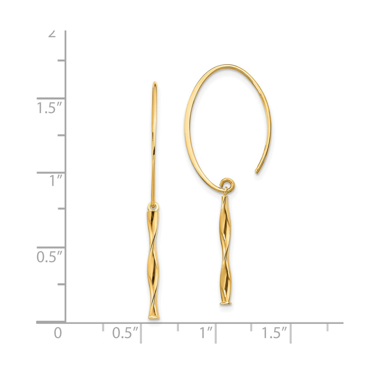 14k Yellow Gold Dangle Hoop Earrings with Twisted Bar Design, Minimalist Sculptural Drop Hoops