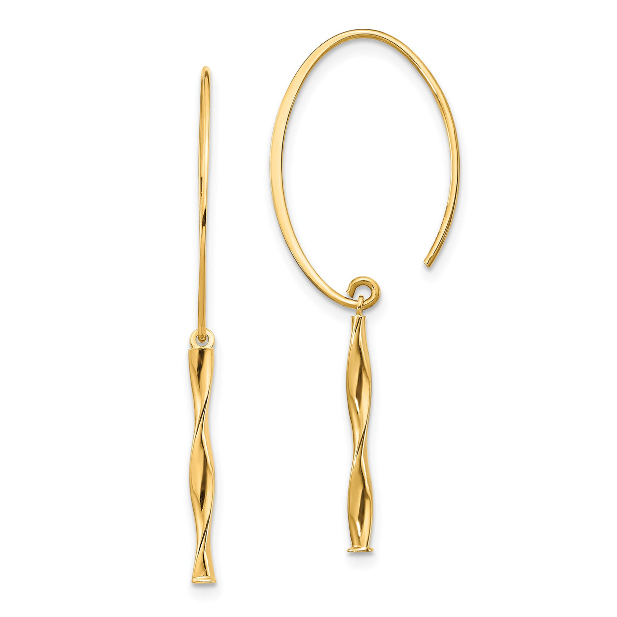 14k Yellow Gold Dangle Hoop Earrings with Twisted Bar Design, Minimalist Sculptural Drop Hoops