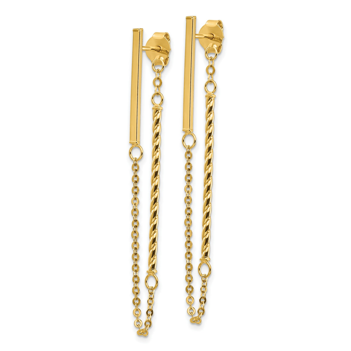 14k Yellow Gold Drop Earrings with Dual Chain Strands, Twisted Rope and Bar Design