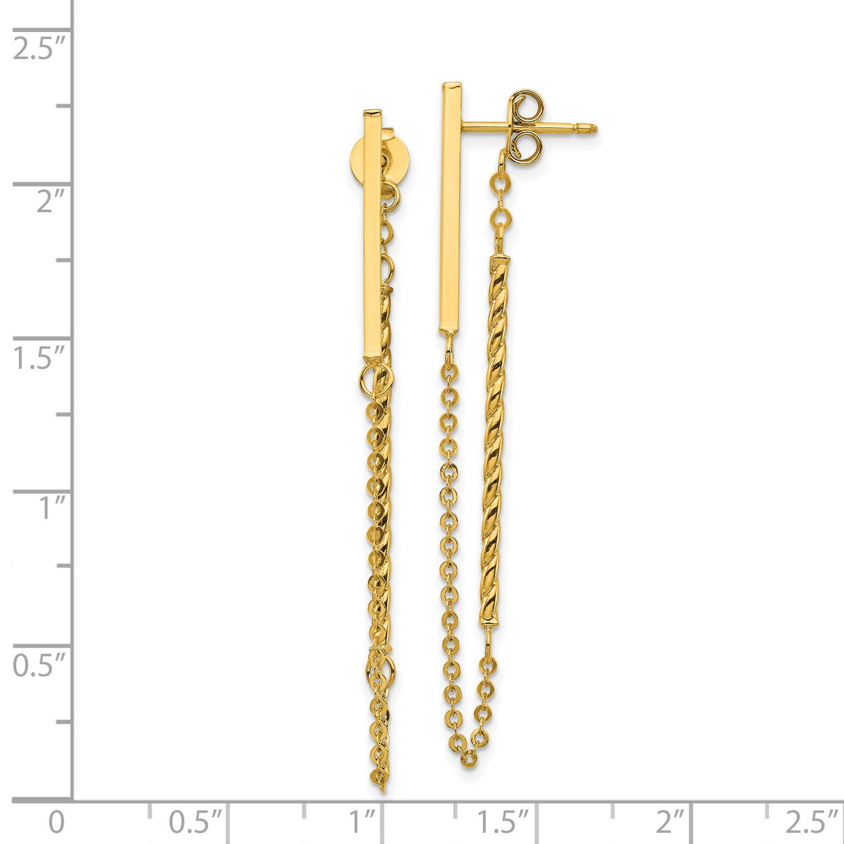 14k Yellow Gold Drop Earrings with Dual Chain Strands, Twisted Rope and Bar Design