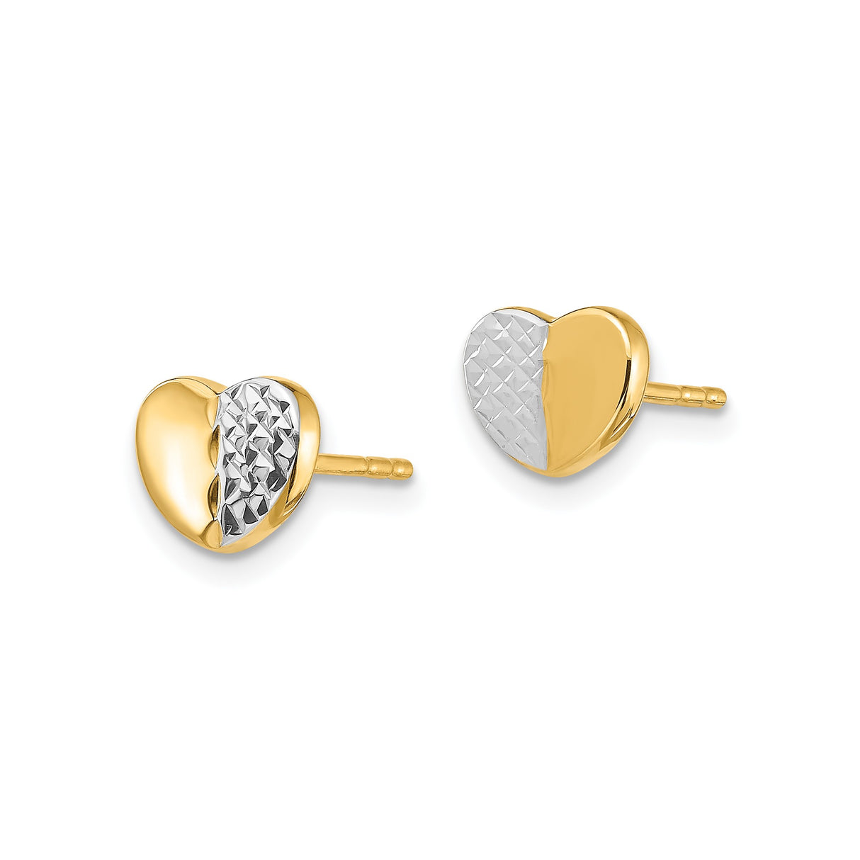 14k Yellow Gold Stud Earrings, Heart Shape with Textured Rhodium Finish, Two-Tone Design