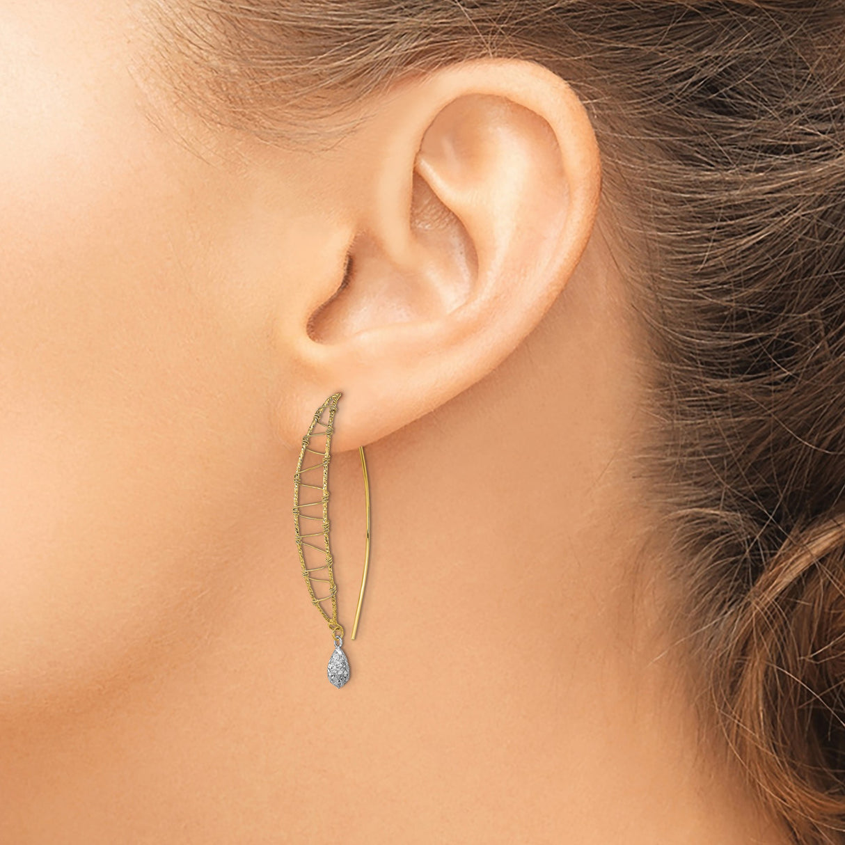 14k Two Tone Gold Drop Earrings with Wrapped Design and Diamond-Cut Teardrop Dangles