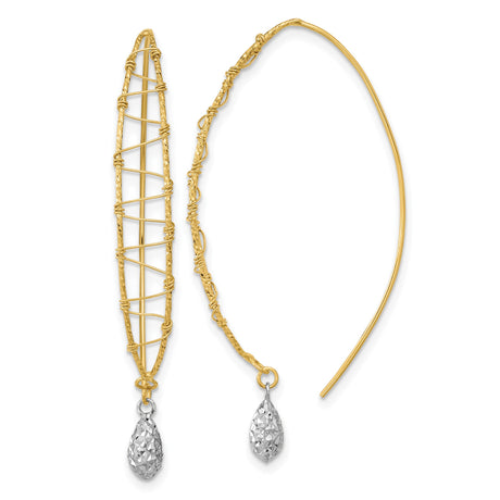 14k Two Tone Gold Drop Earrings with Wrapped Design and Diamond-Cut Teardrop Dangles