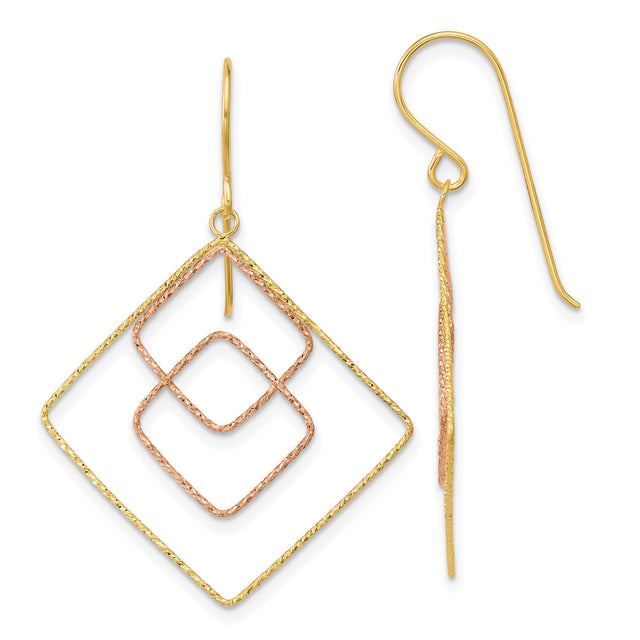 14k Yellow Gold Dangle Earrings with Interlocking Diamond-Shaped Frames in Two-Tone Design