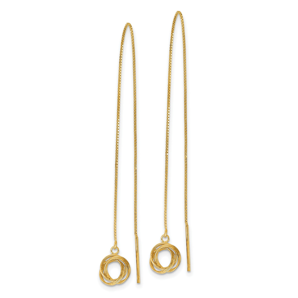14k Yellow Gold Threader Earrings with Interlocking Circles and Polished Knot Design
