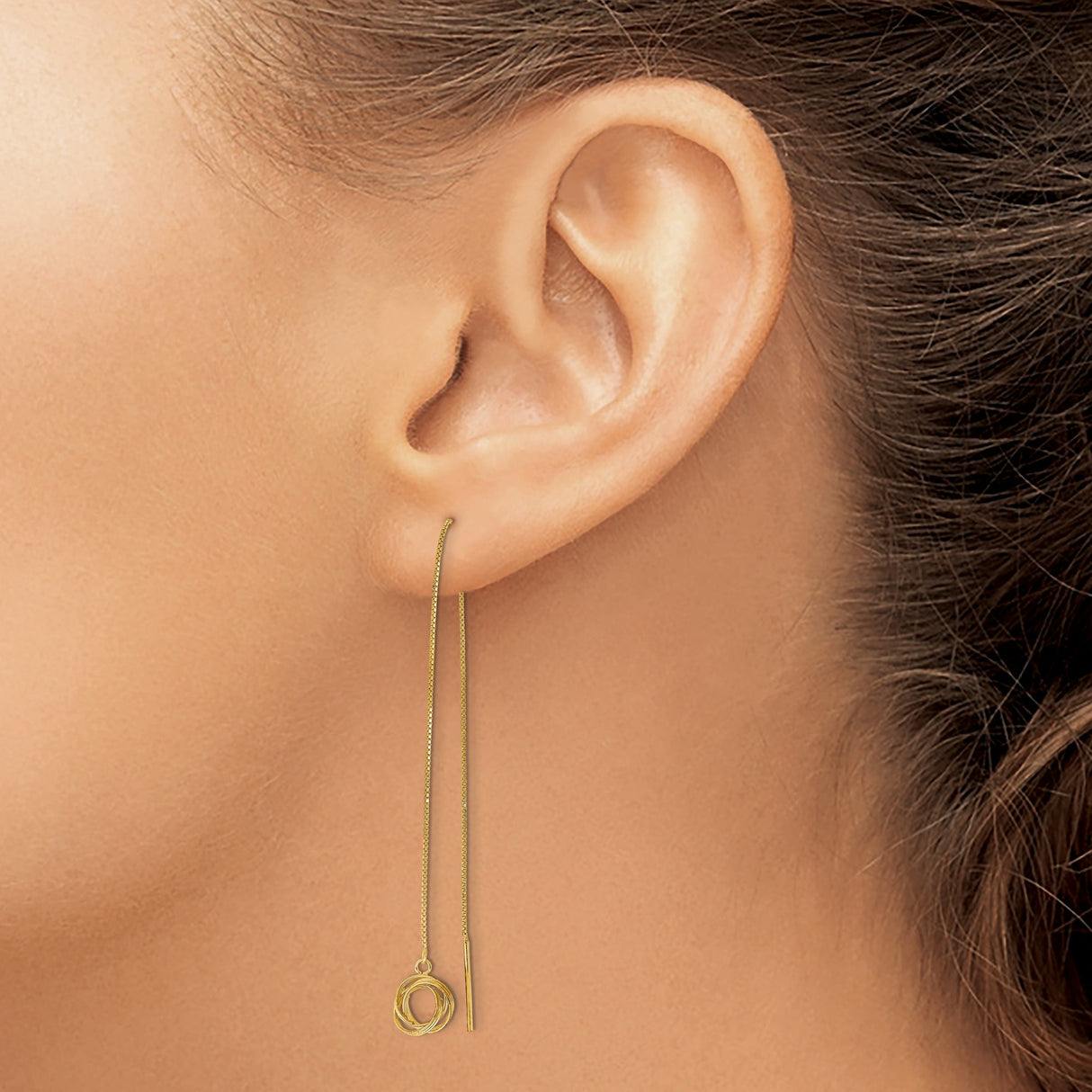 14k Yellow Gold Threader Earrings with Interlocking Circles and Polished Knot Design