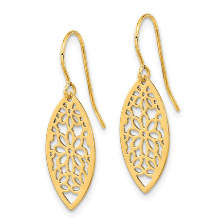 14k Yellow Gold Marquise Floral Dangle Earrings with Openwork Cutout Design