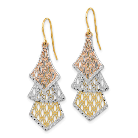14k Tri-Color Gold Dangle Earrings, Layered Diamond Shape Filigree Design for Women