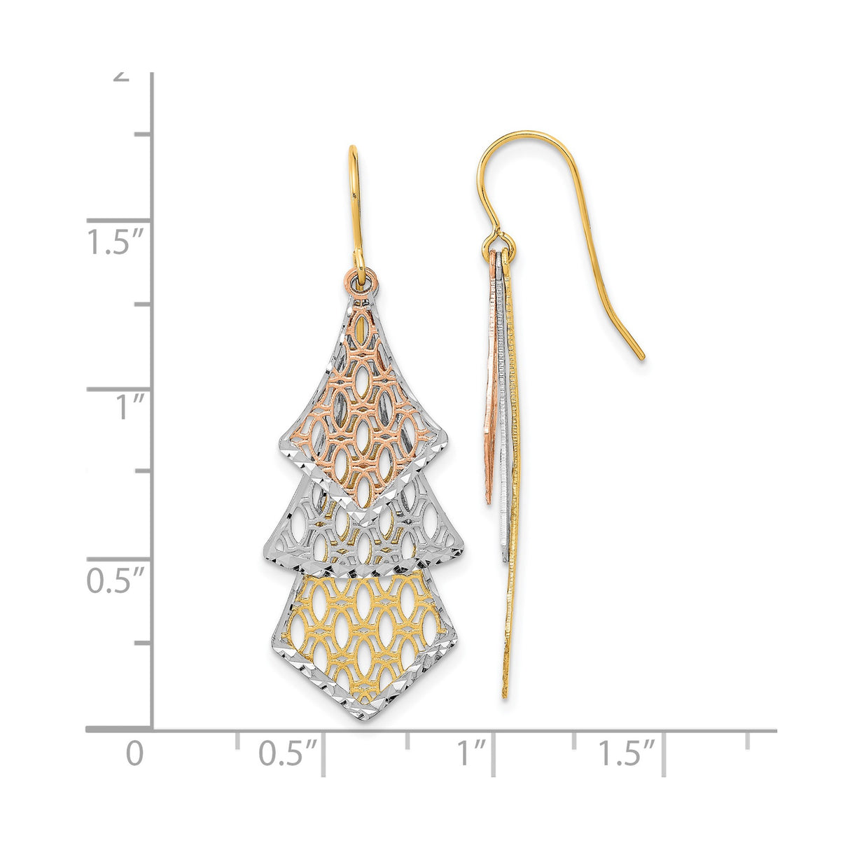 14k Tri-Color Gold Dangle Earrings, Layered Diamond Shape Filigree Design for Women