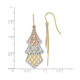 14k Tri-Color Gold Dangle Earrings, Layered Diamond Shape Filigree Design for Women