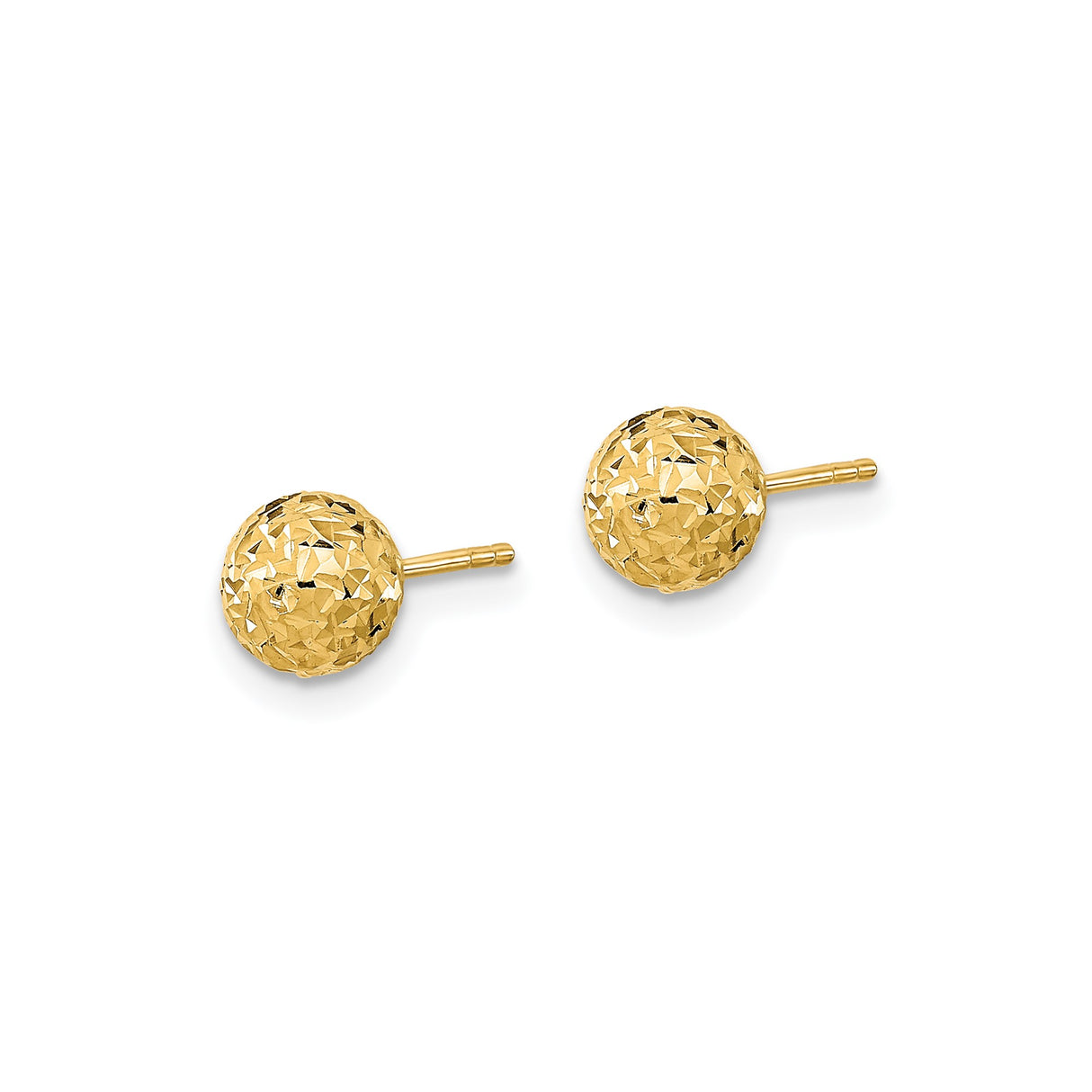 14k Yellow Gold Ball Stud Earrings, Diamond-Cut Textured Round Design, 6mm Posts