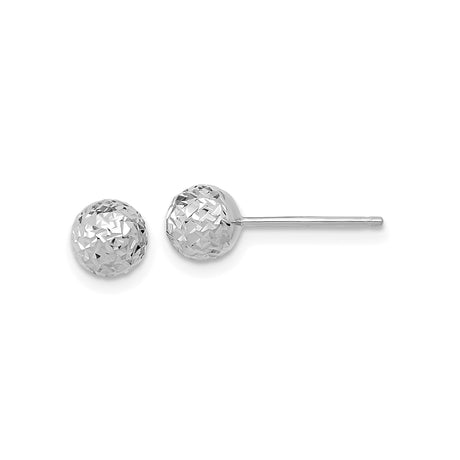 14k White Gold Ball Stud Earrings, Faceted Diamond-Cut Round Design, Polished Finish