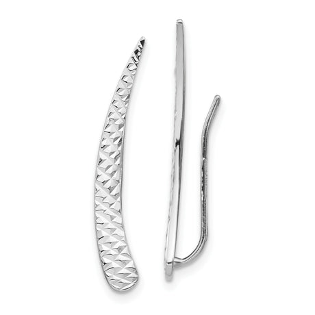 14k White Gold Ear Climber Earrings, Curved Diamond Cut Textured Design, Minimalist Fashion Jewelry