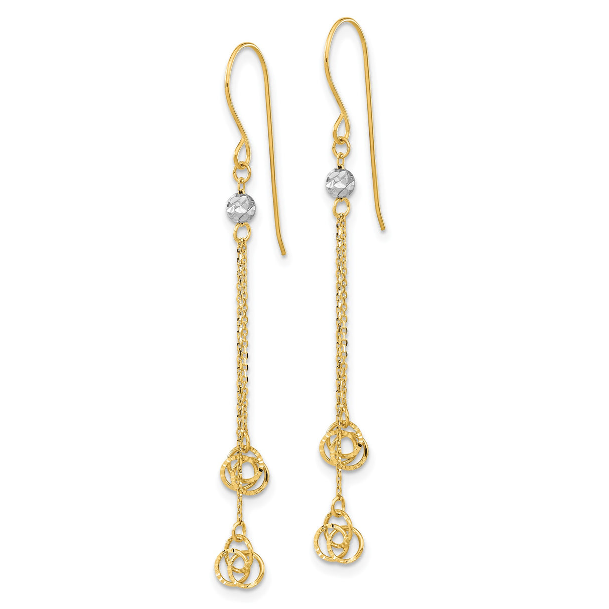 14k Two-Tone Gold Dangle Earrings with Interlocking Open Circles and White Gold Bead Accents