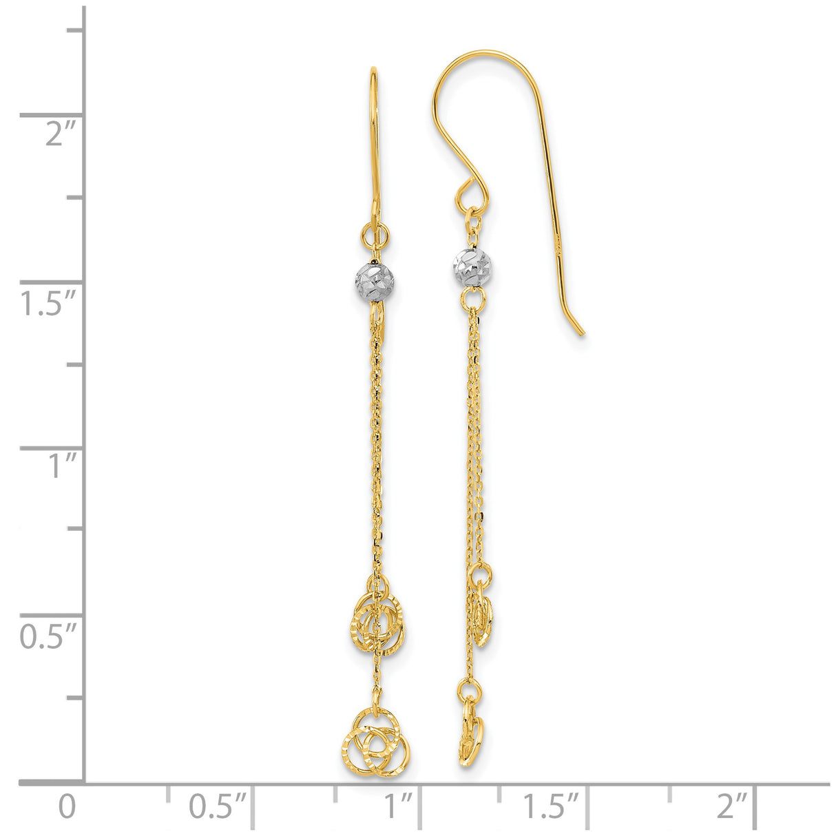 14k Two-Tone Gold Dangle Earrings with Interlocking Open Circles and White Gold Bead Accents