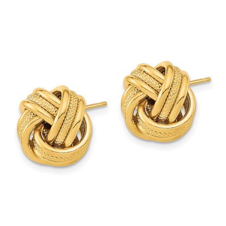 14k Yellow Gold Love Knot Stud Earrings with Textured and Polished Finish for Women