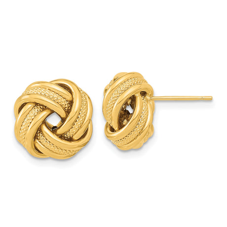 14k Yellow Gold Love Knot Stud Earrings with Textured and Polished Finish for Women