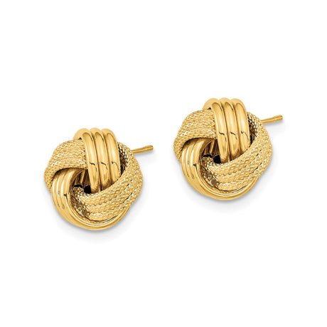 14k Yellow Gold Love Knot Stud Earrings, Textured and Polished Finish, Symbol of Unity and Eternal Love