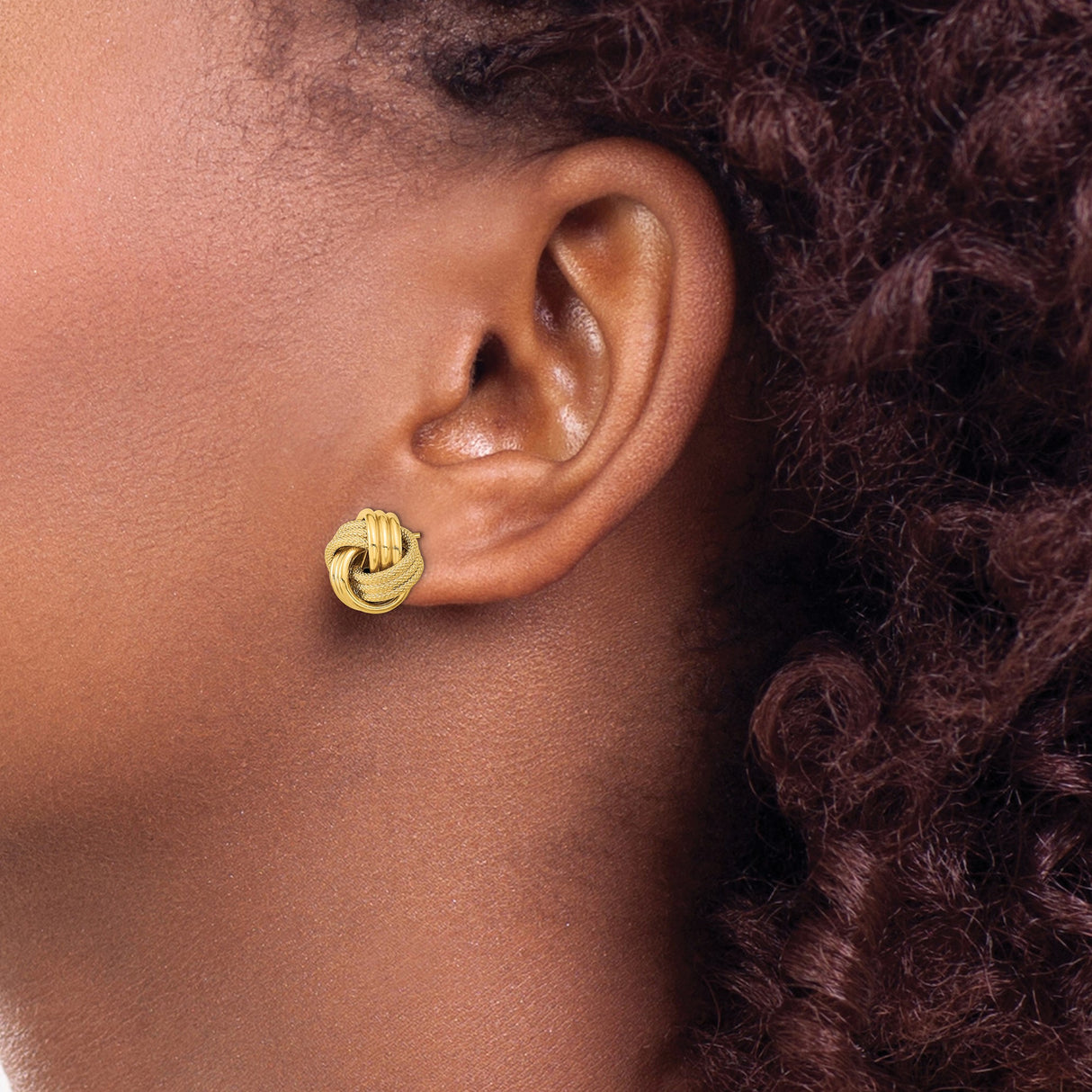 14k Yellow Gold Love Knot Stud Earrings with Textured and Polished Finish for Women