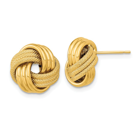 14k Yellow Gold Love Knot Stud Earrings with Textured and Polished Finish for Women