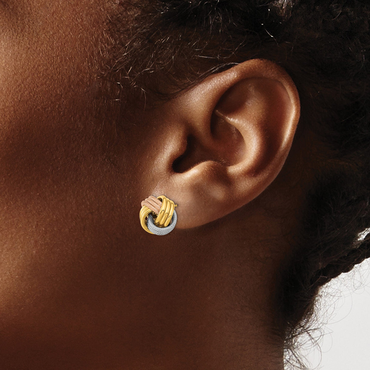 14k Tri Color Gold Love Knot Stud Earrings with Woven Design for Women