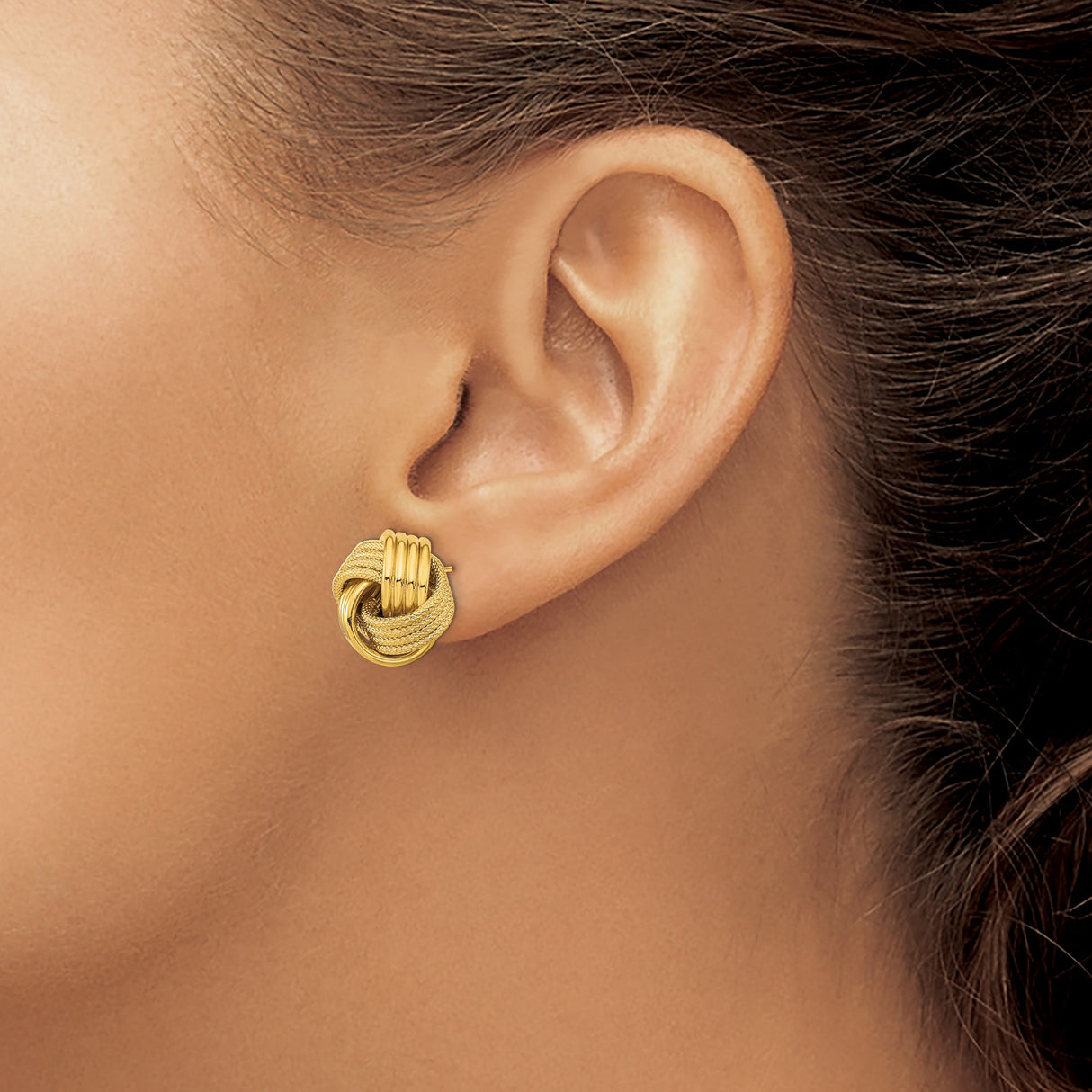 14k Yellow Gold Love Knot Stud Earrings with Textured and Polished Finish