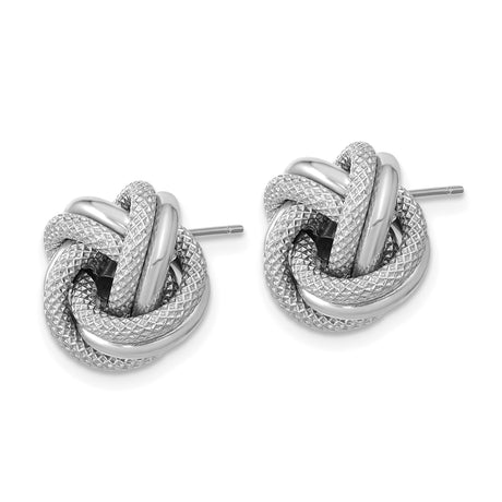 14k White Gold Love Knot Stud Earrings with Intertwined Polished and Textured Design
