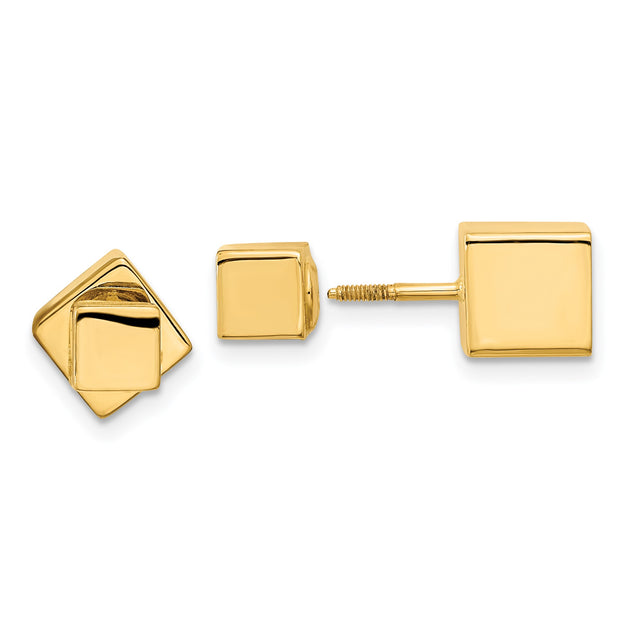 14k Yellow Gold Square Stud Earrings, Modern Geometric Cube Design, Screwback Style for Men